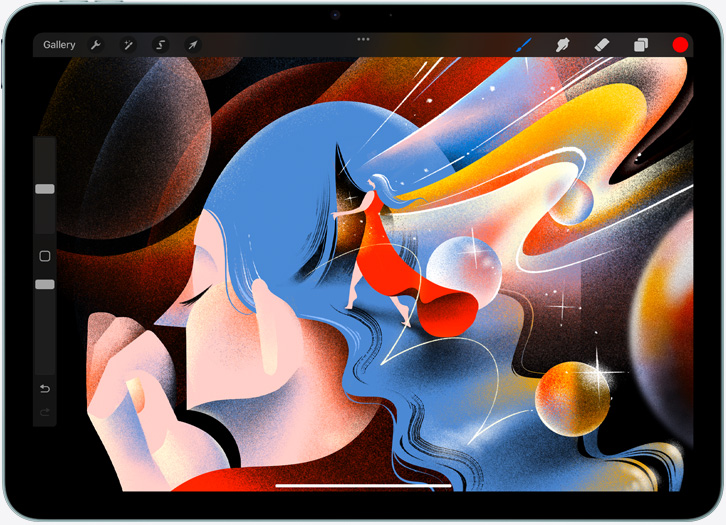 iPad Air in horizontale stand met een illustratie in de Procreate-app op het scherm