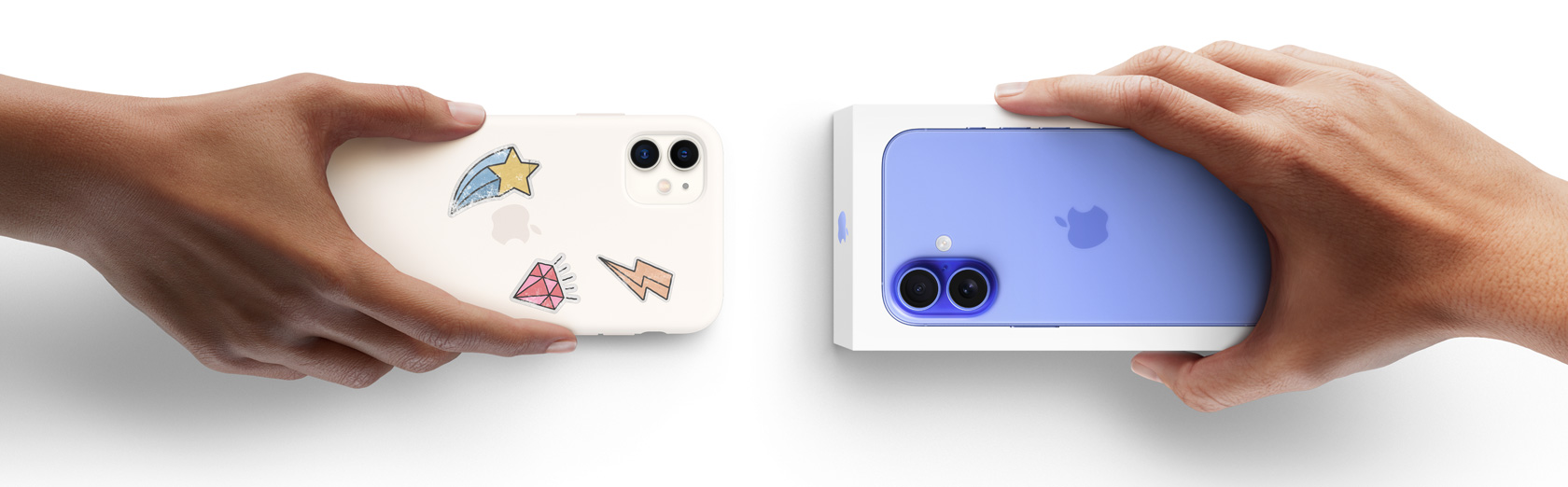 Deux mains échangeant un iPhone contre un nouvel iPhone 16 dans sa boîte.