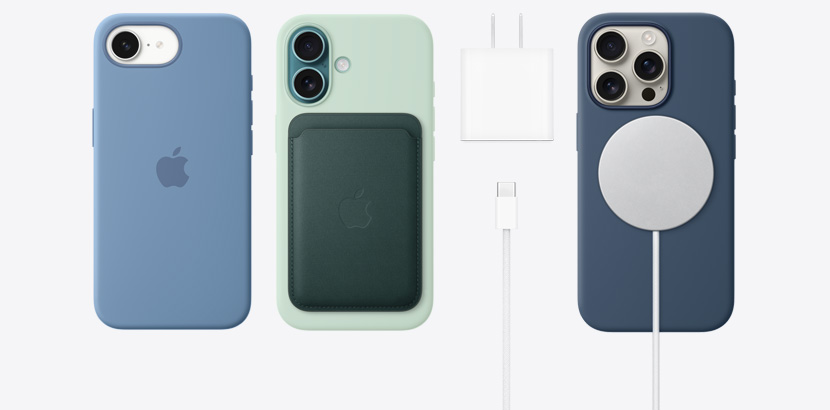 Gamme iPhone 16 et iPhone seize-e avec des accessoires, dont des étuis en silicone. Adaptateur d’alimentation USB-C 20 watts, câble de recharge USB-C 60 watts et chargeur MagSafe.