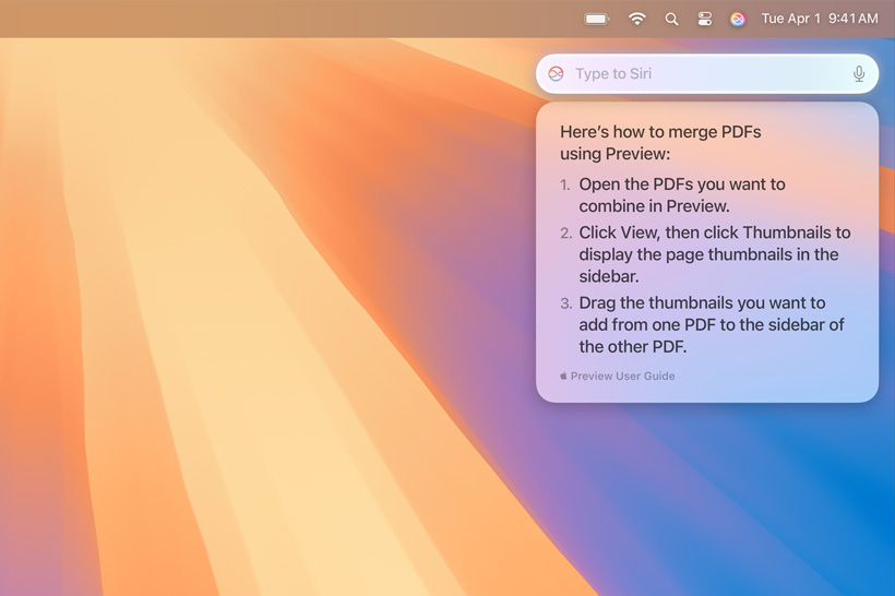 Κείμενο pop-up από το Siri με πληροφορίες που αναζητούσε ένας χρήστης για τη συγχώνευση πολλάπλών αρχείων PDF.