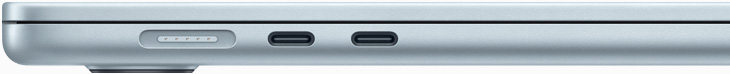 Côté gauche d’un MacBook Air avec un port MagSafe et deux ports Thunderbolt 4