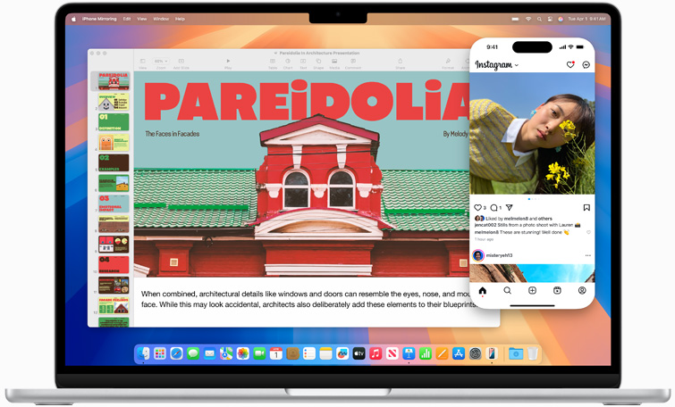 Démonstration de la recopie d’iPhone, avec l’écran d’un iPhone à l’écran d’un MacBook Air