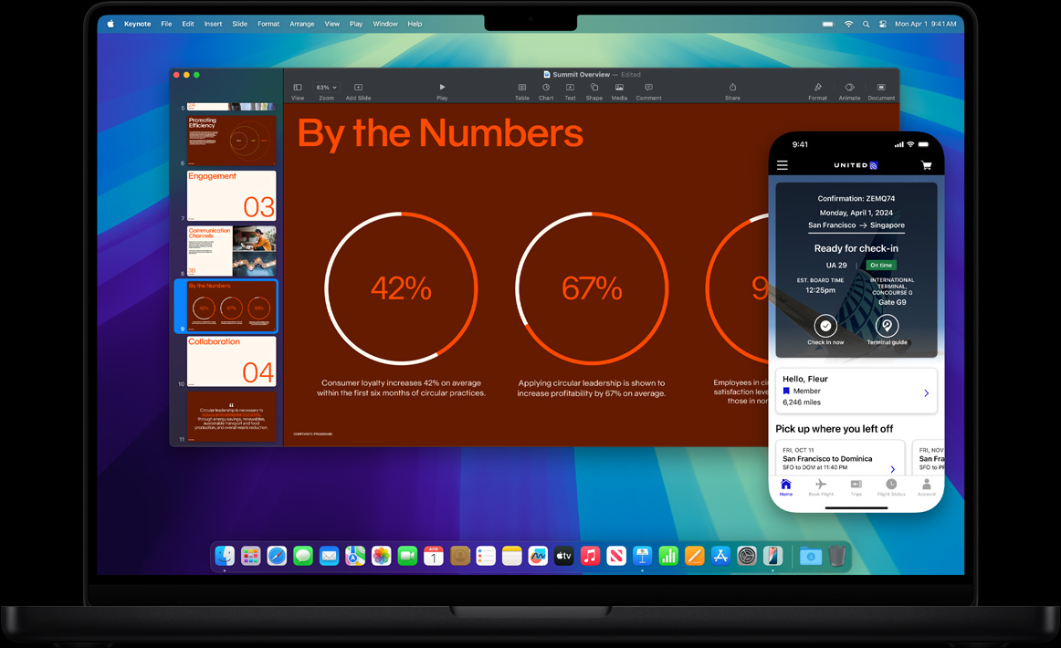 Demonstrating iPhone Mirroring, with iPhone display shown within MacBook Pro screen โ user works on a presentation in Keynote app while an invitation to check in for a flight appears on the iPhone display