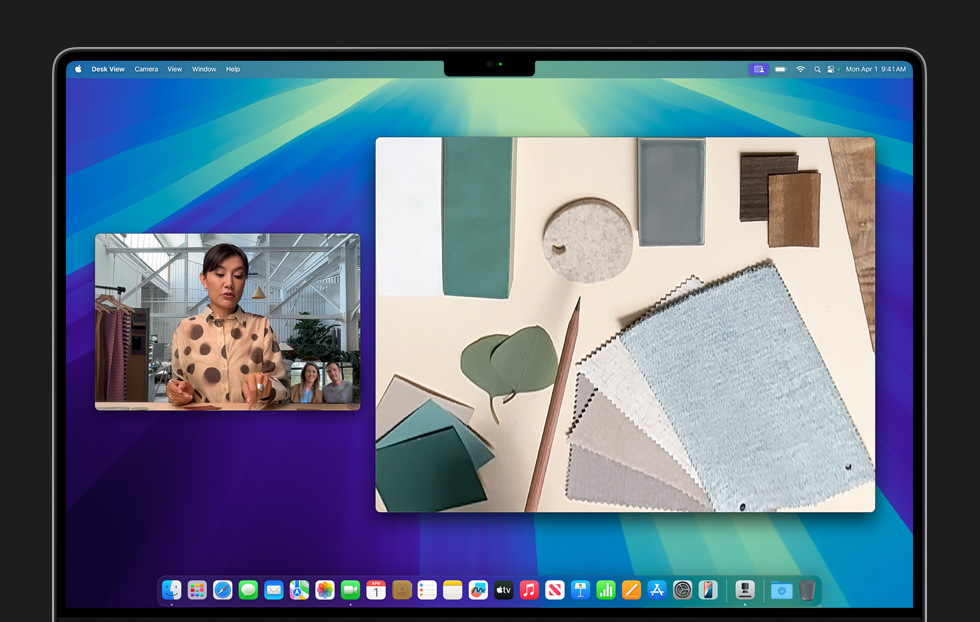 A video call using the Desk View feature, displaying a view of the userโs workspace