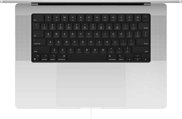Draufsicht auf ein geöffnetes 16" MacBook Pro mit dem Force Touch Track pad unterhalb der Tastatur