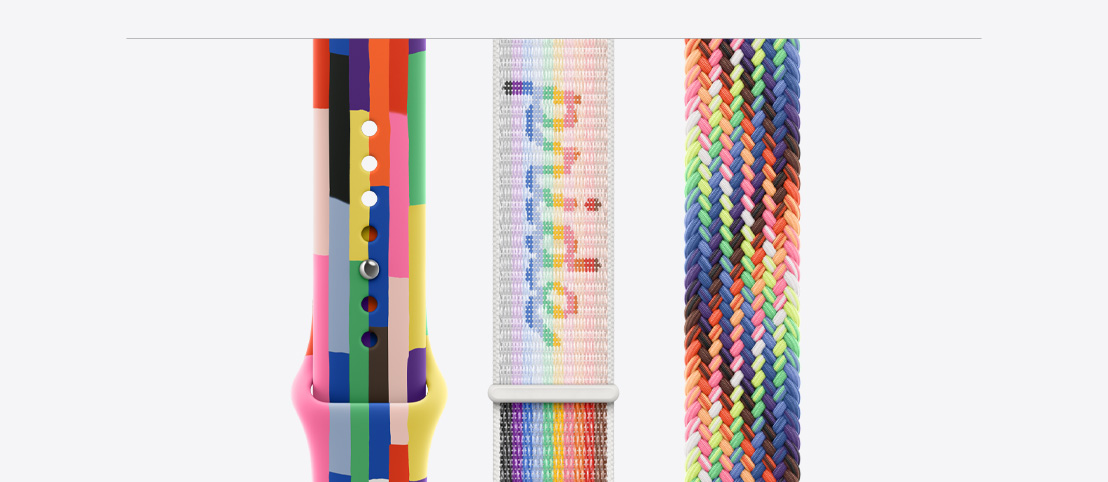 Sportband i Pride Edition, sex ränder med många tunna rektanglar i enfärgade regnbågsfärger och andra nyanser, något ojämna kanter, slät fluorelastomer, stiftspänne, sportloop i Pride Edition, en smidig, justerbar kardborrestängning med ordet pride invävt i tyget, flätad sololoop i Pride Edition, vävd i olika neonfärger som hämtar inspiration från Pride-flaggans regnbågsfärger