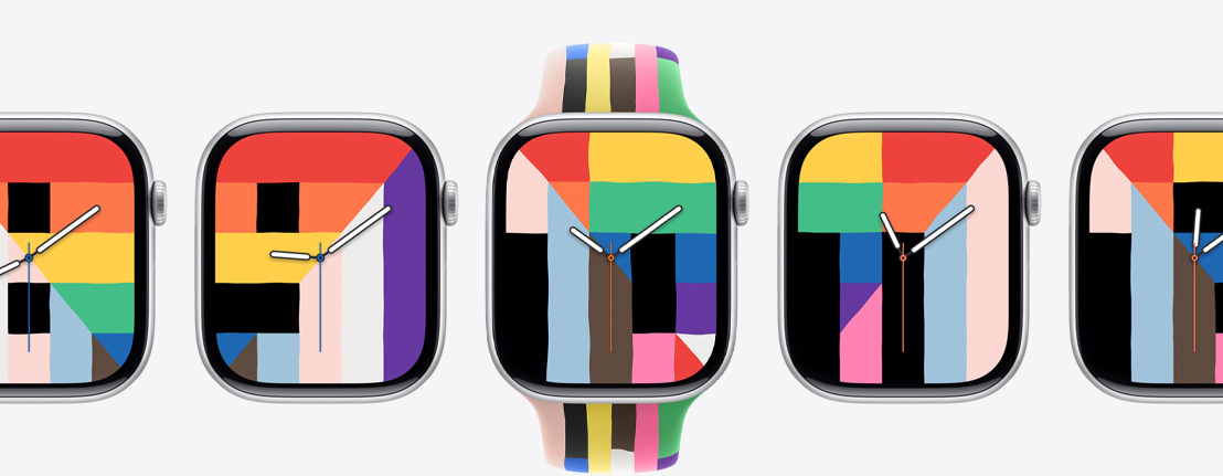 Apple Watch Series 10-enheter, urtavlan Pride-harmoni, rektanglar, trianglar och parallelltrapetser i enfärgade regnbågsfärger och andra nyanser bildar timtalen, mitten av urtavlan matchar sportbandet i Pride Edition, sex ränder med tunna rektanglar i enfärgade regnbågsfärger och andra nyanser, något ojämna kanter