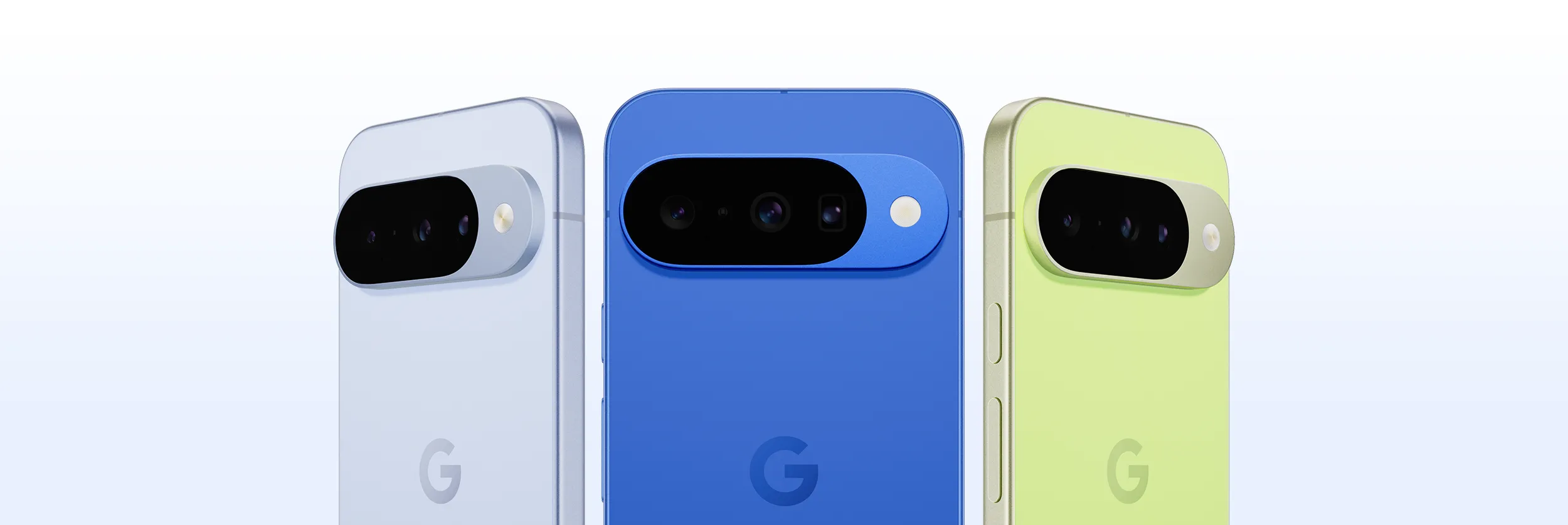 Three Pixel phones in different colors โ gray-ish white, blue and lemongrass โ are shown side by side.