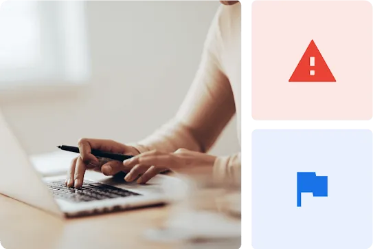 Collage of images shows a womanβs hands on a laptop, a violation notification icon, and an appeal button.