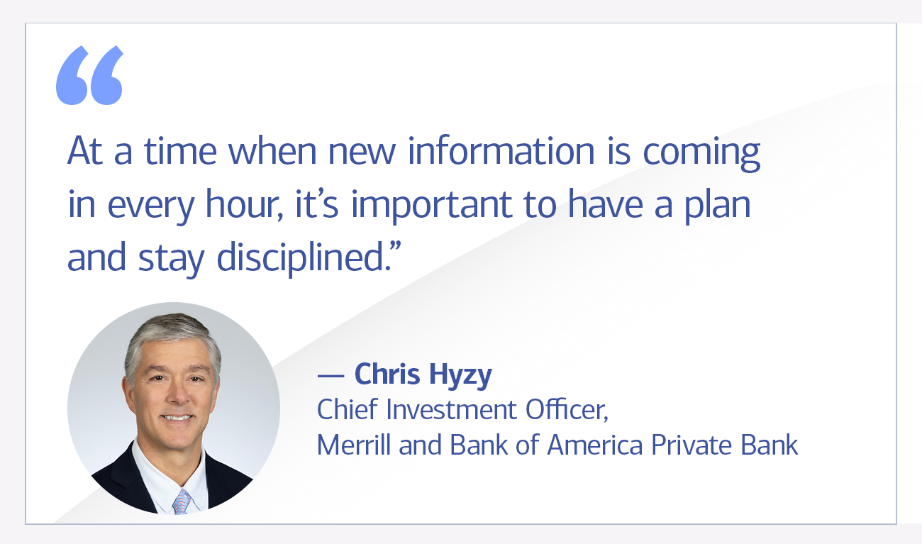 Chris Hyzy, Chief Investment Officer, Merrill and Bank of America Private Bank quote “At a time when new information is coming in every hour, it’s important to have a plan and stay disciplined.”