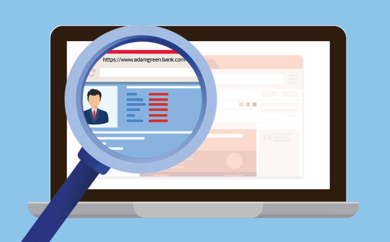 A computer screen with a magnifying glass increasing the size of a personโs photo posing as a financial advisor on a fake website