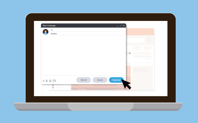 A computer screen with a blank email being composed and the arrow points to the โcancelโ button