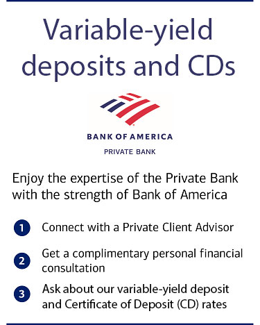 Image: Bank of America High Yield deposits and CDs. Enjoy the expertise of the Private Bank with the strength of Bank of America. 1: Connect with a Private Client Advisor. 2: Get a complimentary personal financial consultation. 3: Ask about our high-yield deposit and Certificate of Deposit (CD) rates.