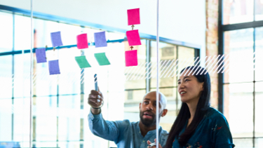 Two colleagues collaborating to map a strategy on the wall