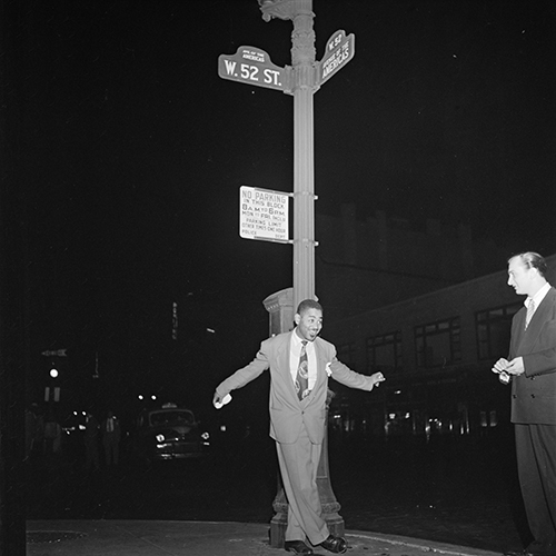 William Gottlieb (American, 1917-2006) Dizzy Gillespie, 52nd St., NYC, 1948 Gelatin silver print Bank of America Collection Featured in Jazz Greats: Classic Photographs from the Bank of America Collection